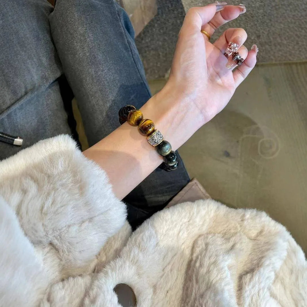 Women's double wrap tigereye silver bracelet with gold inlay decorative patterns