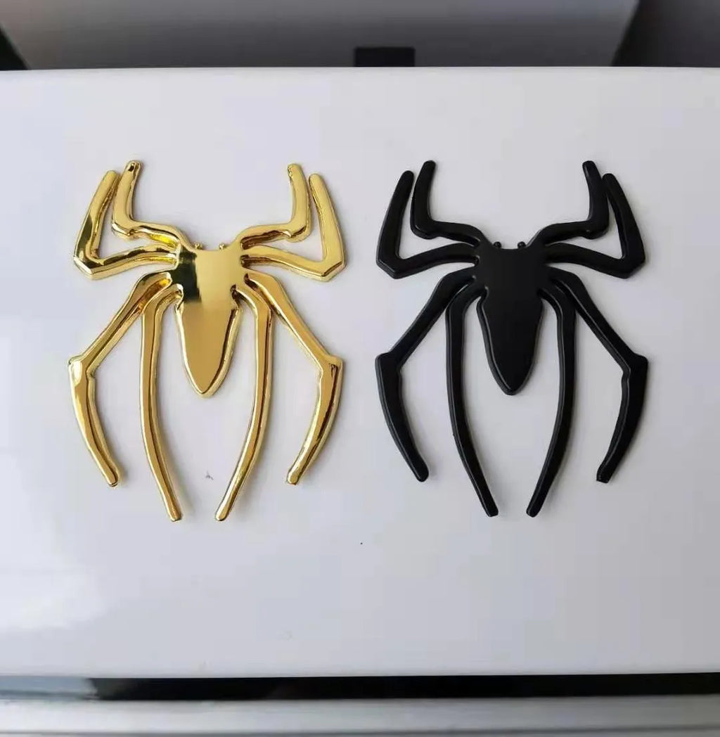 Zinc alloy 3D metal spider car sticker in gold, silver, black, and red colours.