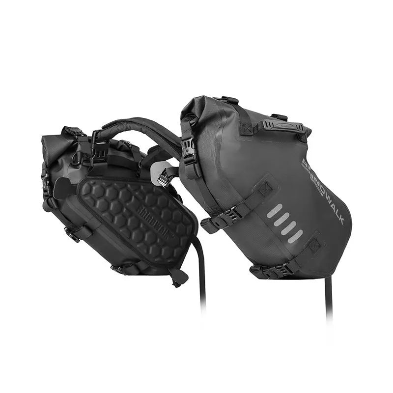 Pair of black waterproof polyester motorcycle side bags on rear seat, 18L capacity