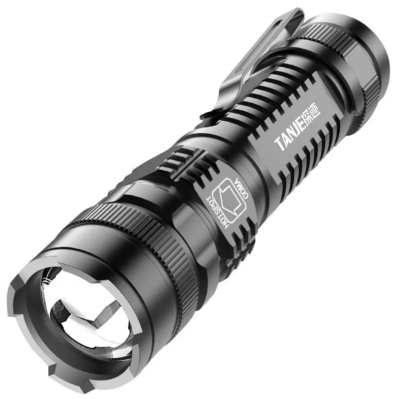 Black aluminium alloy telescopic LED flashlight with adjustable zoom focus and pocket clip