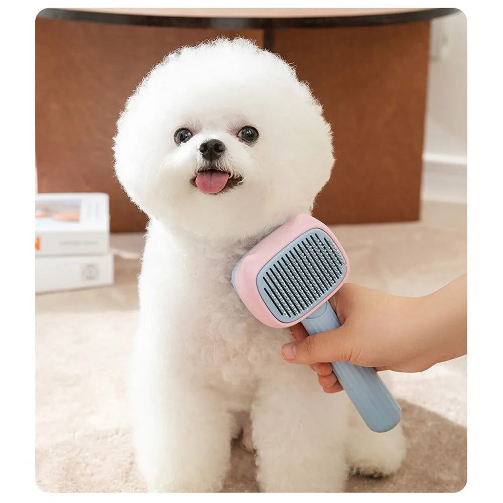 Blue double-sided pet grooming brush showing deshedding rake and dematting comb on a 195mm long handle.