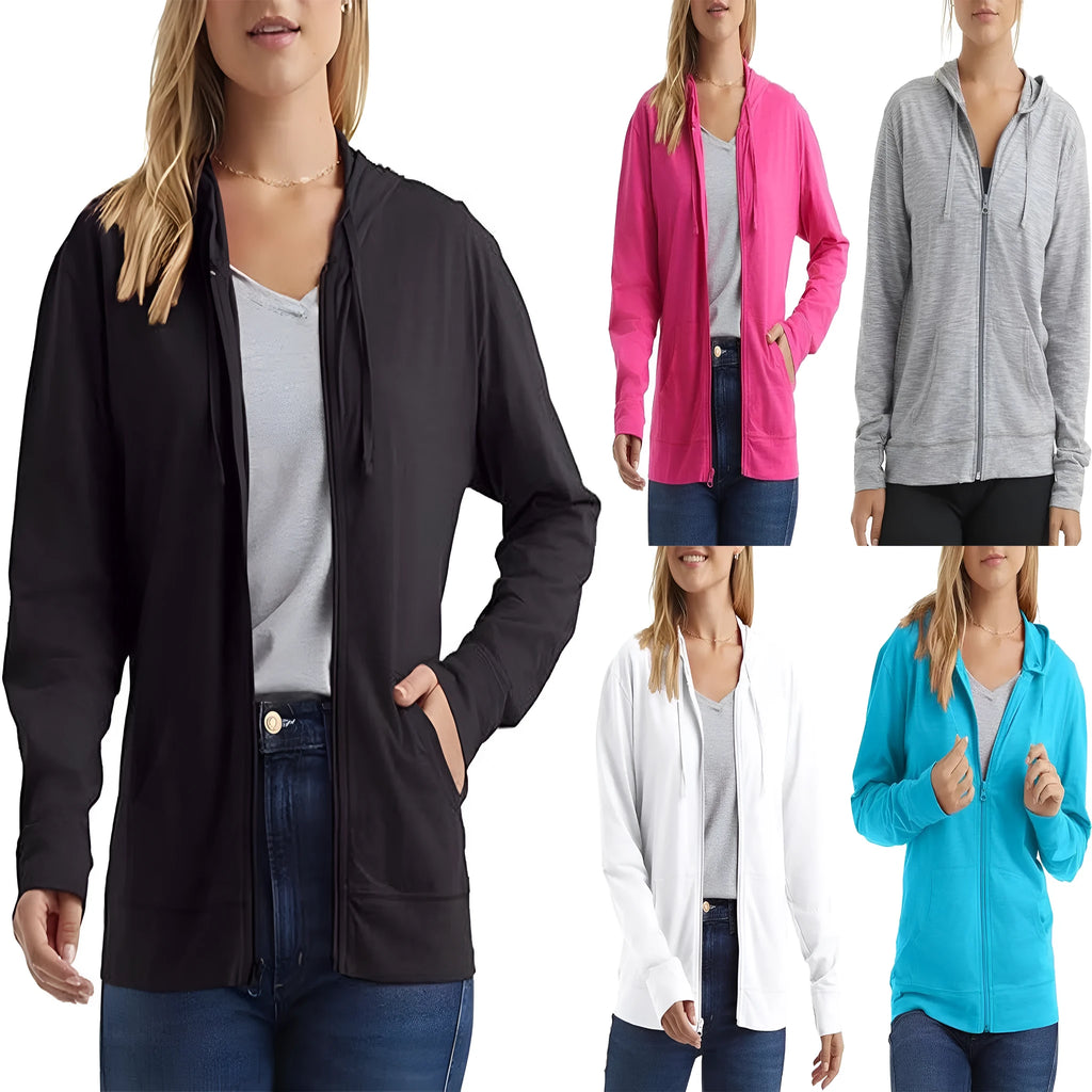 Women's loose fit polyester hoodie in solid colour with long sleeves, available in black, white, grey, dark blue, sky blue, dark pink.