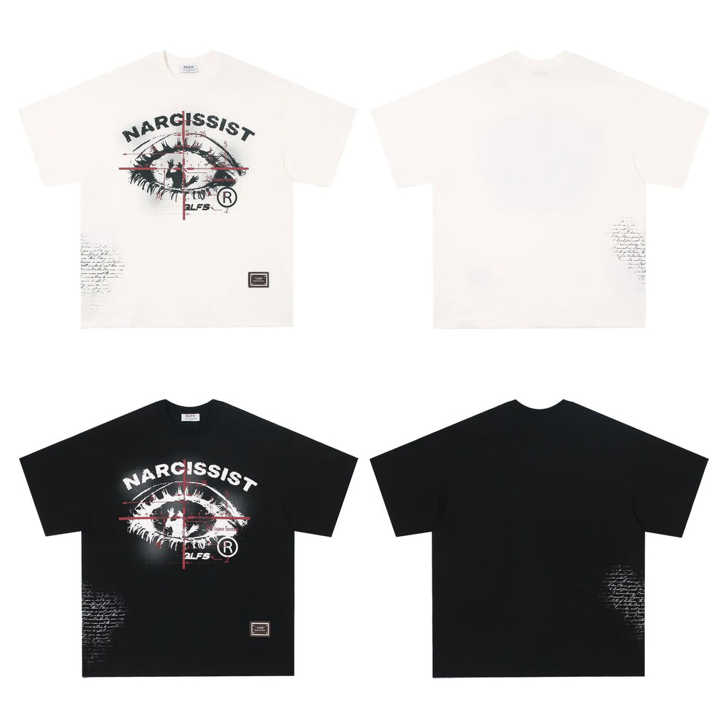 Black and white pure cotton t-shirt with American retro hip hop gothic letter print