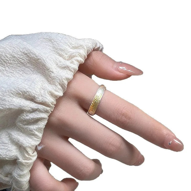 Geometric open-mouth white copper ring with J14 Xiangyun pattern in silver or gold electroplate.