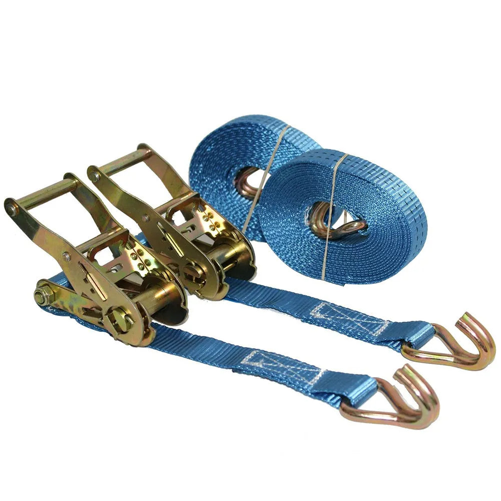 Steel ratchet tensioner strap with double triangle hooks and polyester webbing for cargo binding