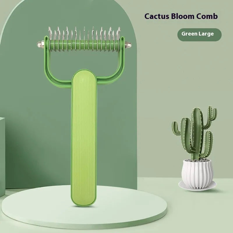Green and grey dog grooming comb with stainless steel teeth for removing mats and tangles.