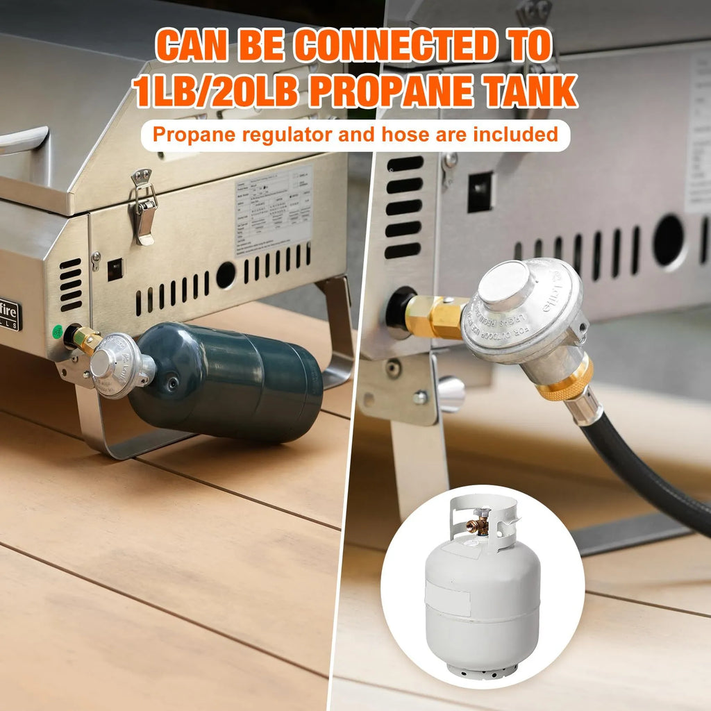 Silver portable desktop gas barbecue grill with three burners and foldable legs.
