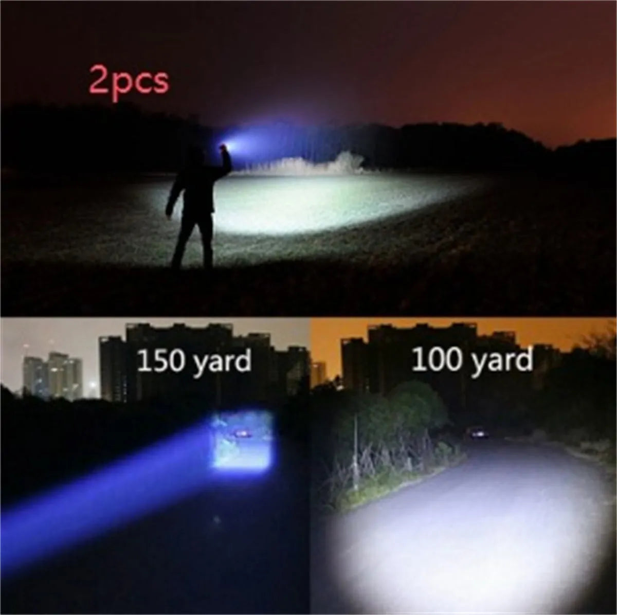 Black aluminum alloy zoom flashlight with adjustable head for focus, shown with beam reaching into distance.