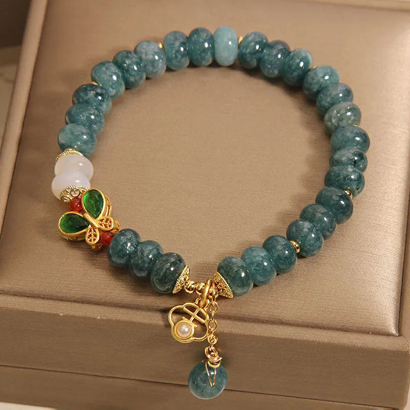 Blue water jade abacus beads crystal bracelet with white agate and alloy gemstone inlay