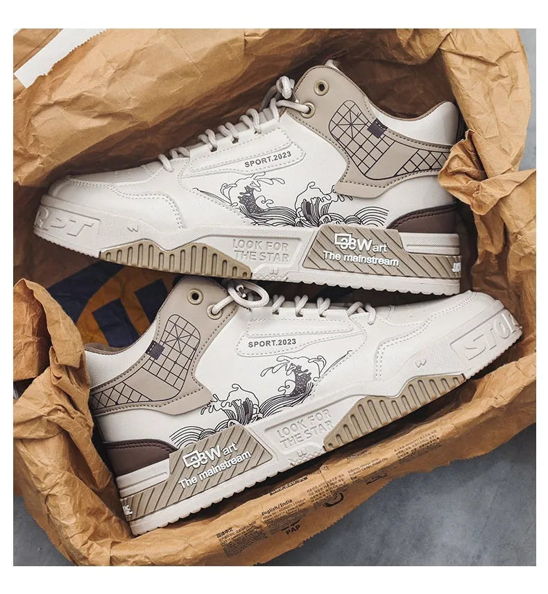 Men's beige, white and blue high-top lace-up board sneakers with a flat rubber sole.