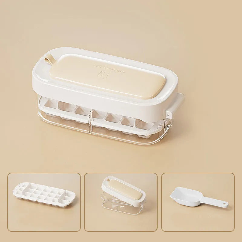 High capacity ice cube tray with grid design and integrated ice shovel storage compartment