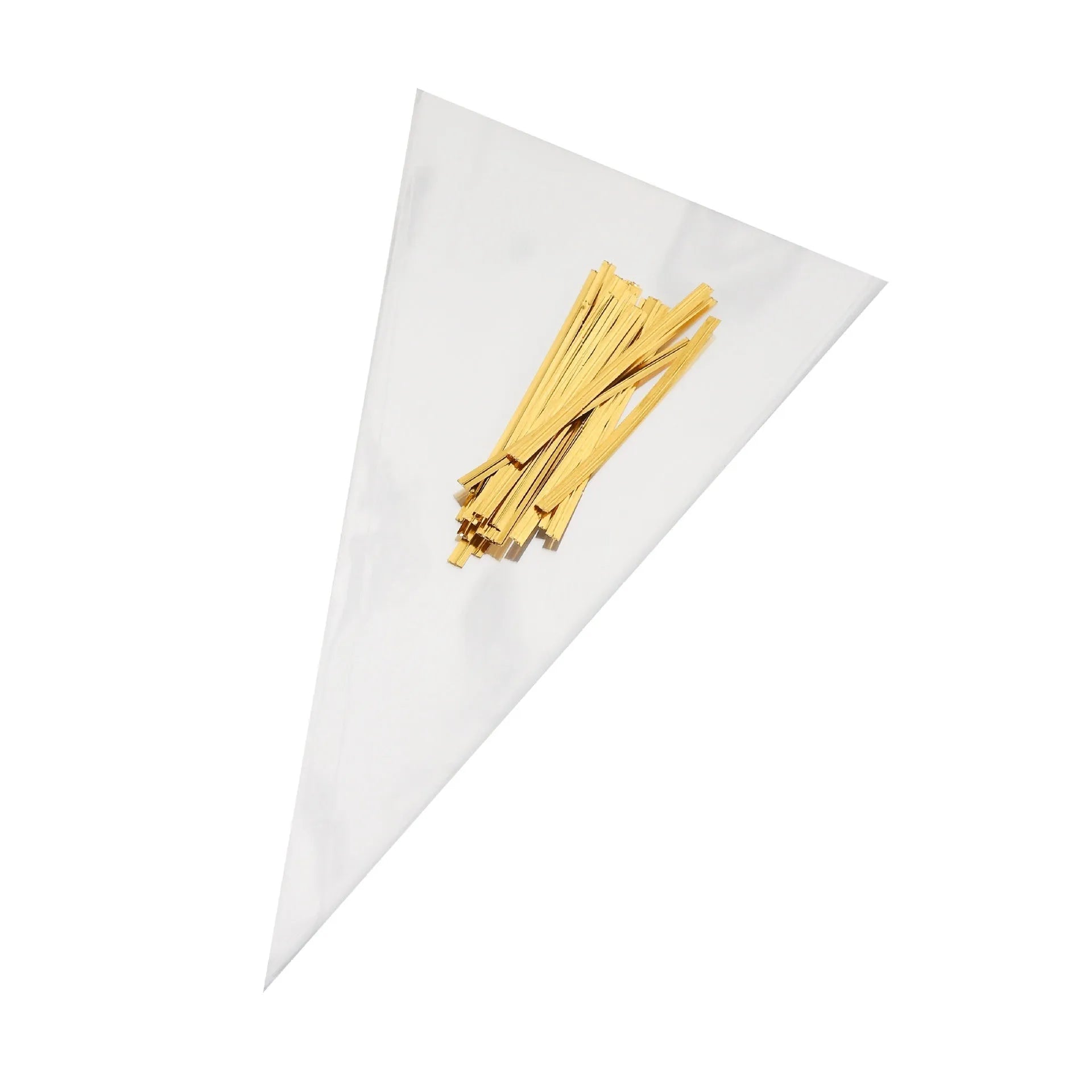 Transparent triangle plastic gift bags with built-in tie wire closures in three different sizes