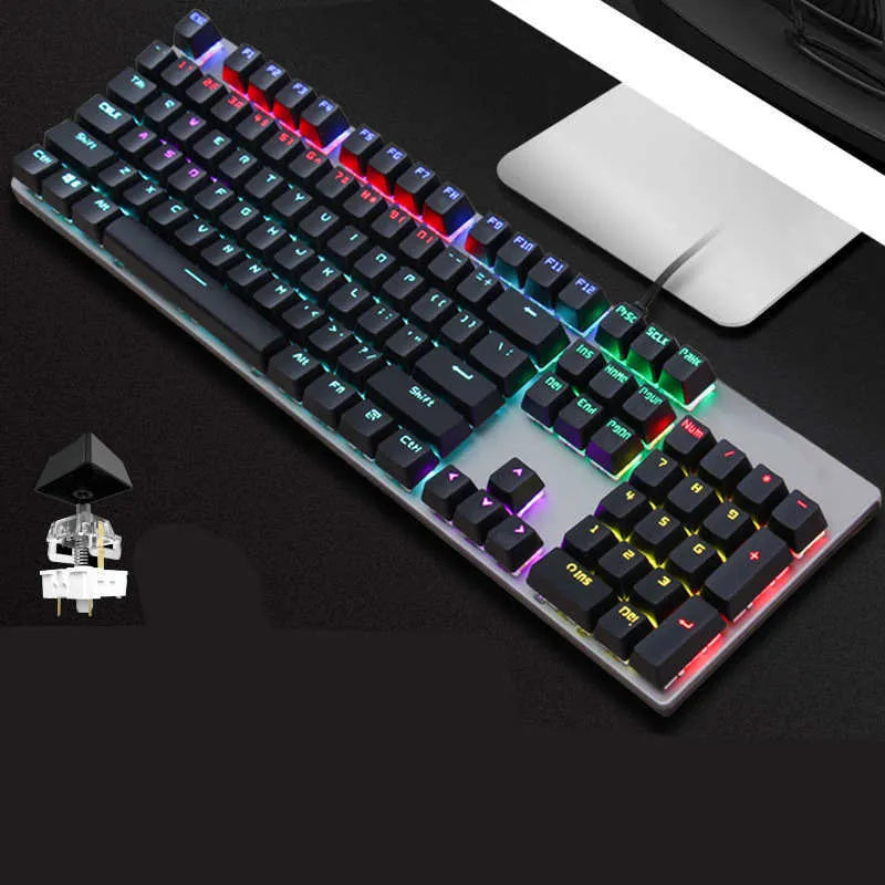 AOC GK410 mechanical keyboard with 104 keys, metal frame, and backlit keys on a desktop.