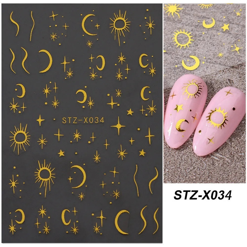 Pack of black and silver strip nail art stickers with cartoon and love pattern designs.