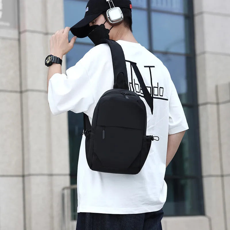 Men's grey waterproof chest bag with large capacity dimensions shown