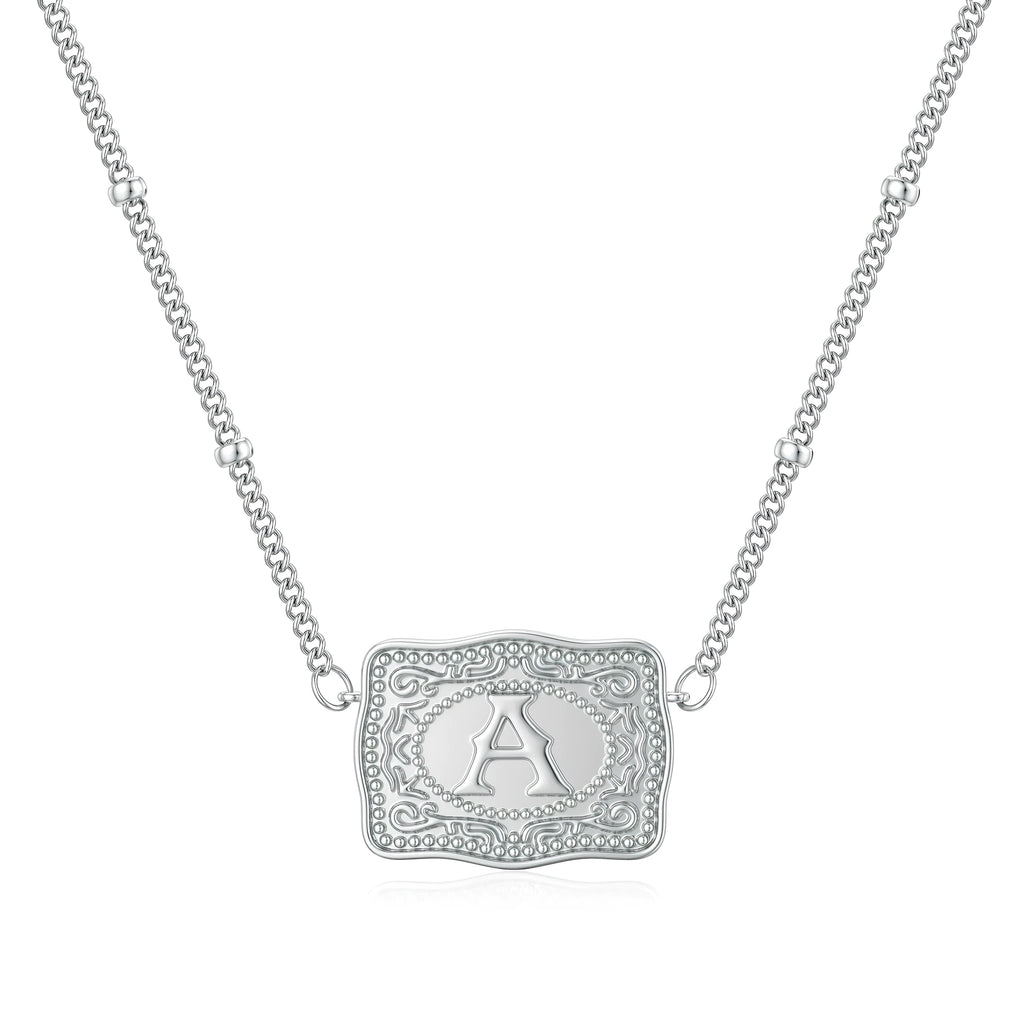 Alphabet pendant necklace showing gold and white electroplated copper options with European letter designs