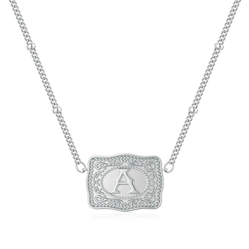 Alphabet pendant necklace showing gold and white electroplated copper options with European letter designs