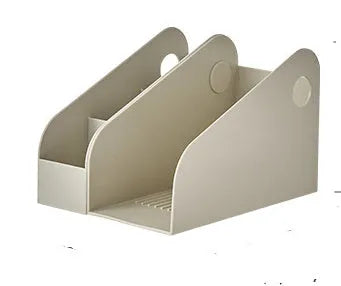 Two-tier white plastic desktop storage box with grid shelves for organising stationery and documents.