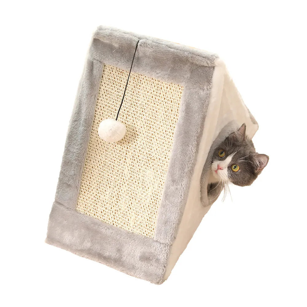 Triangular cat bed with integrated sisal scratching posts in grey and white colour