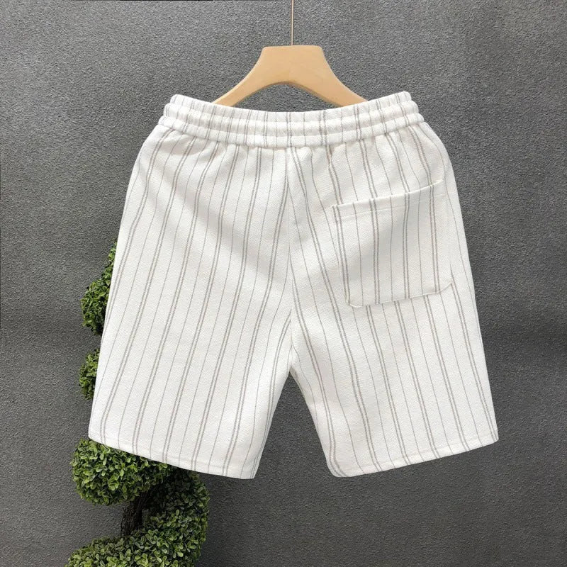 Men's black and white striped fleece-lined casual shorts with double-layer waistband