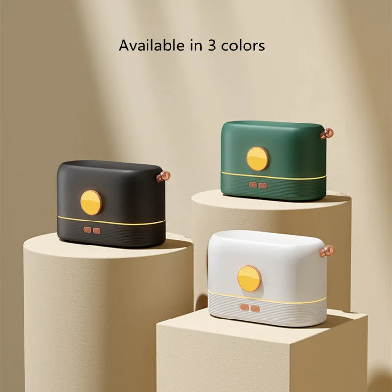 USB desktop humidifier with flickering flame effect, available in black, green or white colours