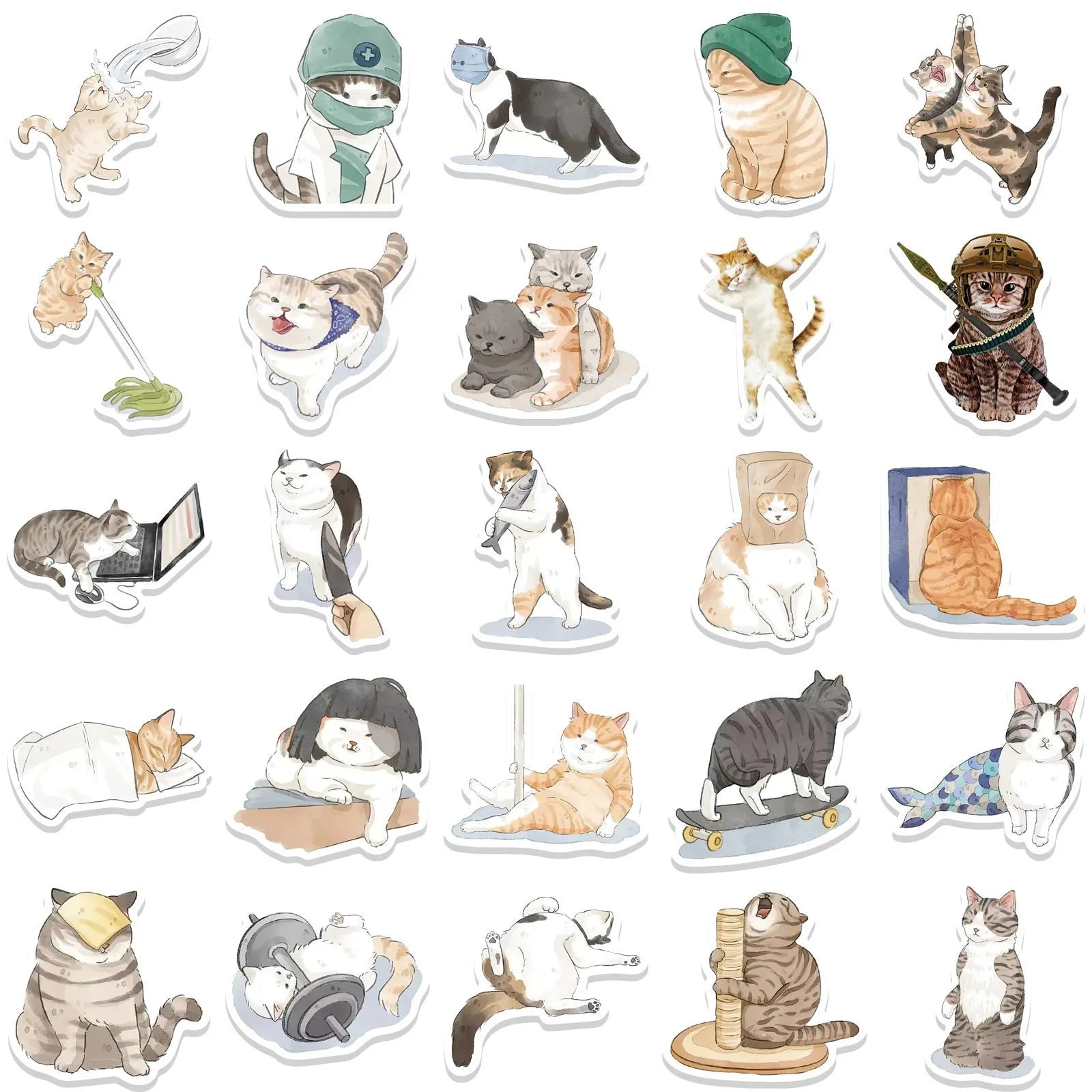 53 cartoon watercolour cute cat stickers for computer luggage guitar mobile phone decor, multicolour mixed pack
