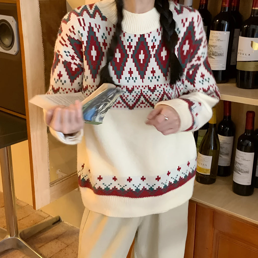 Loose retro striped pullover knitted top with long sleeves in white colour option