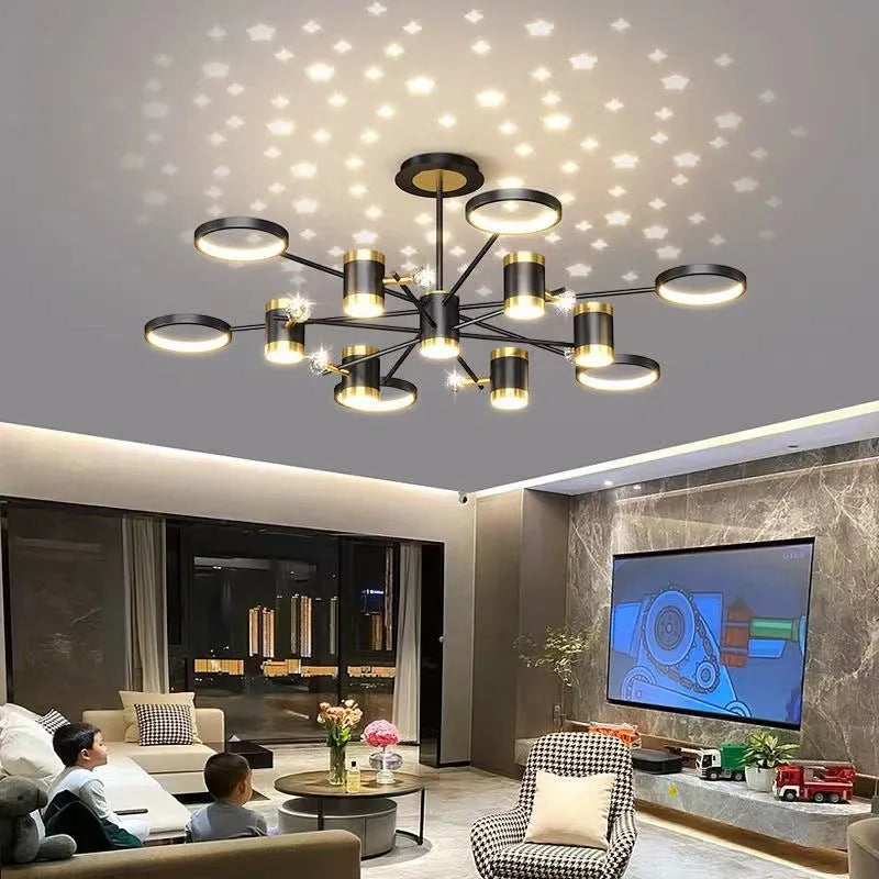 Black Nordic-style star-shaped iron pendant light chandelier with 13 lights hanging from a ceiling.