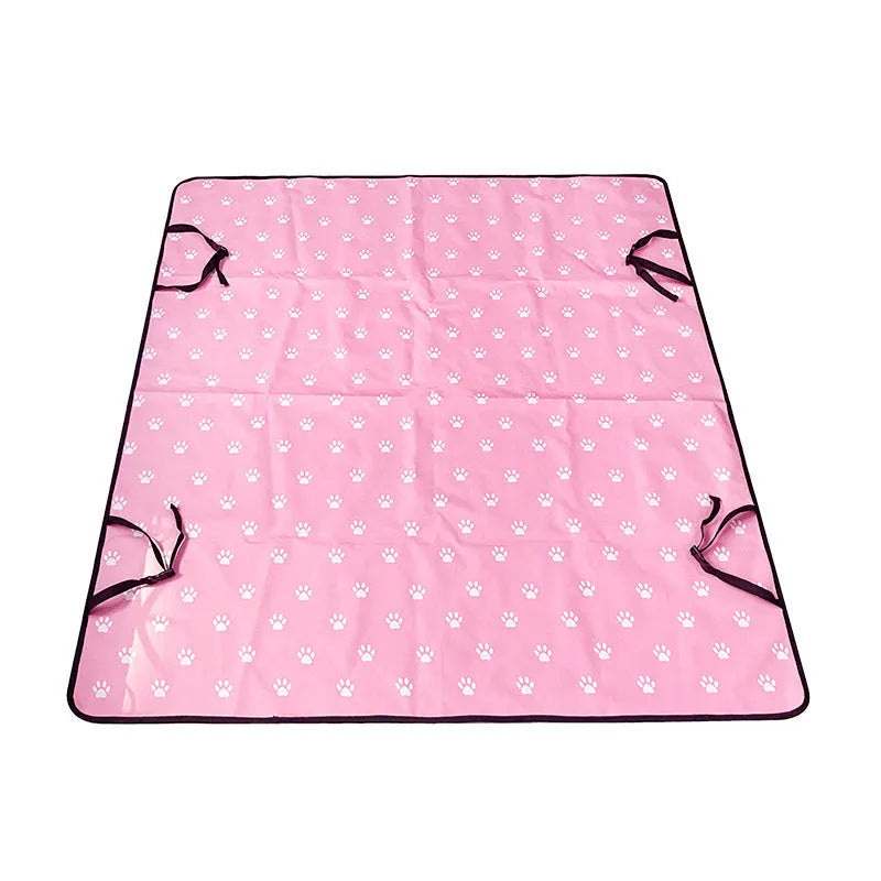 Cloth car pet mat for rear seat protection, shown in a dog bone print design on a grey background.