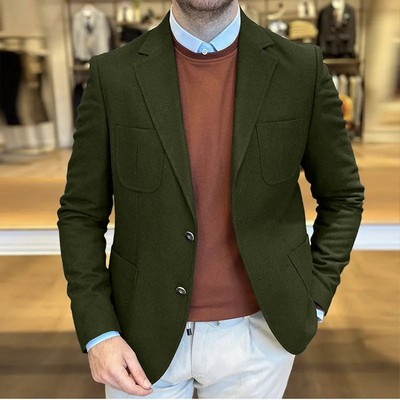 Men's loose-fit cotton suit jacket in a retro style shown in army green colour.