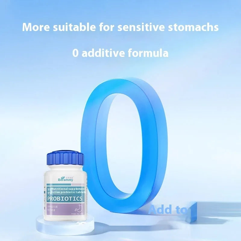 Bottle of pet probiotic tablets containing 180 chewable supplements for dogs and cats
