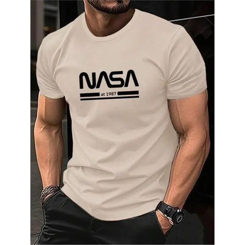 Men's slim-fit cotton short sleeve T-shirt with printed letters design in various solid colours