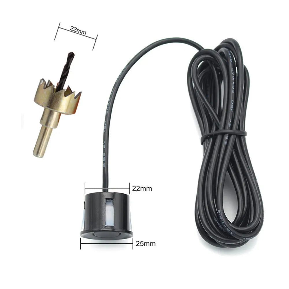 Wireless reversing sensor kit showing main unit, four round probes, LED display, hole opener, and cables on a white background.