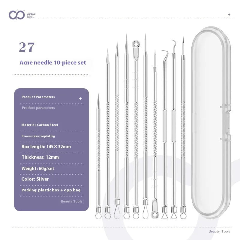 Four silver metal acne needles with fine pointed tips laid out on a flat surface.