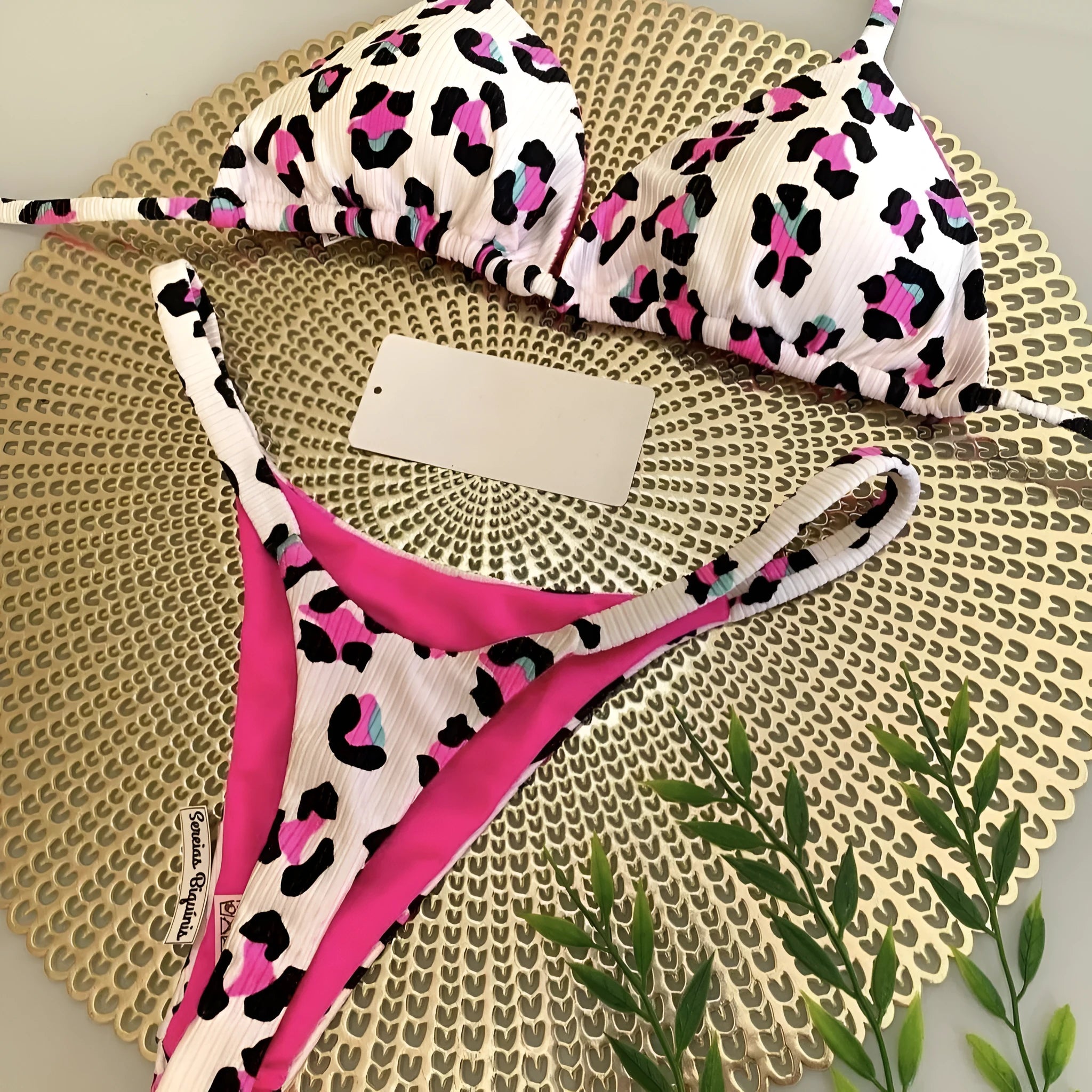 Women's printed bikini swimsuit with briefs style on a mannequin