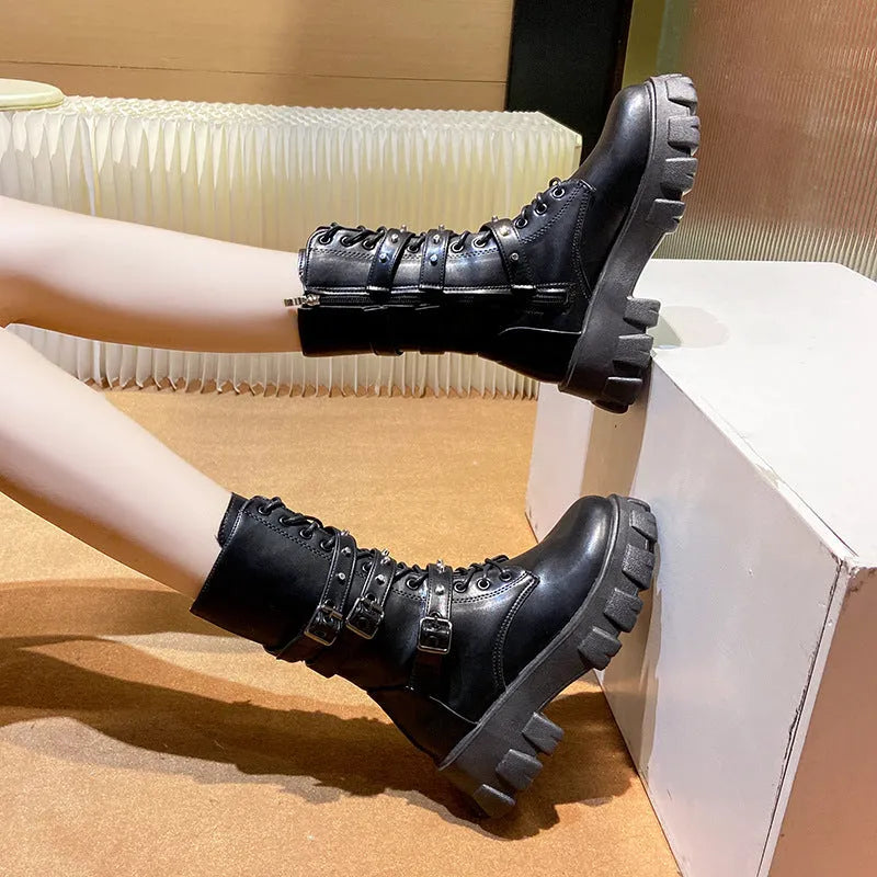 Women's punk mid boots in white with buckle, lace-up front, side zip, round toe, and artificial PU upper