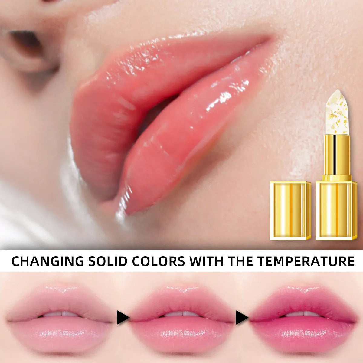 Three pieces of anti-smudge warm colour-changing lipstick in gold tubes, product code YB1001.