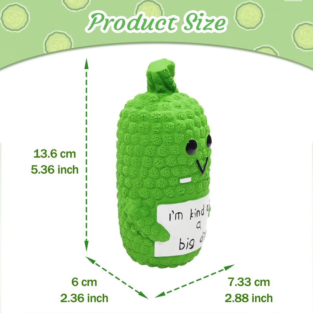 Green latex pickle squeaky dog toy with textured exterior for teeth cleaning