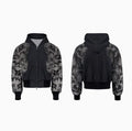 Loose fit streetwear co-ord set showing shorts, trousers, and hoodie with collage stitching detail