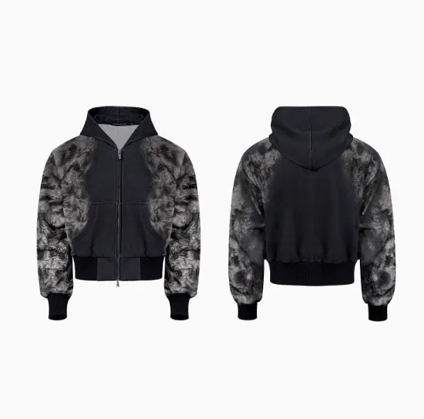 Loose fit streetwear co-ord set showing shorts, trousers, and hoodie with collage stitching detail