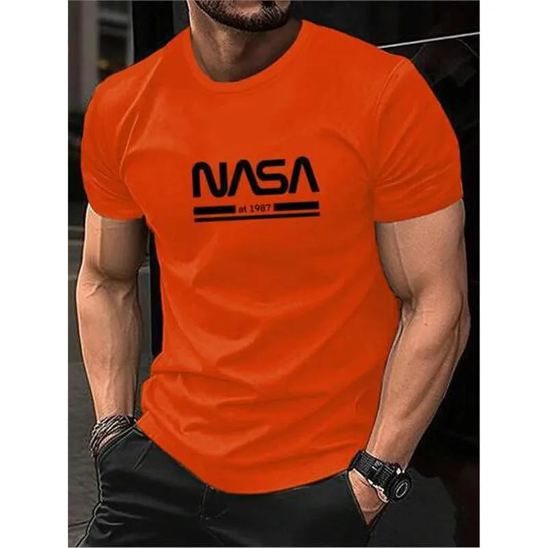 Men's slim-fit cotton short sleeve T-shirt with printed letters design in various solid colours