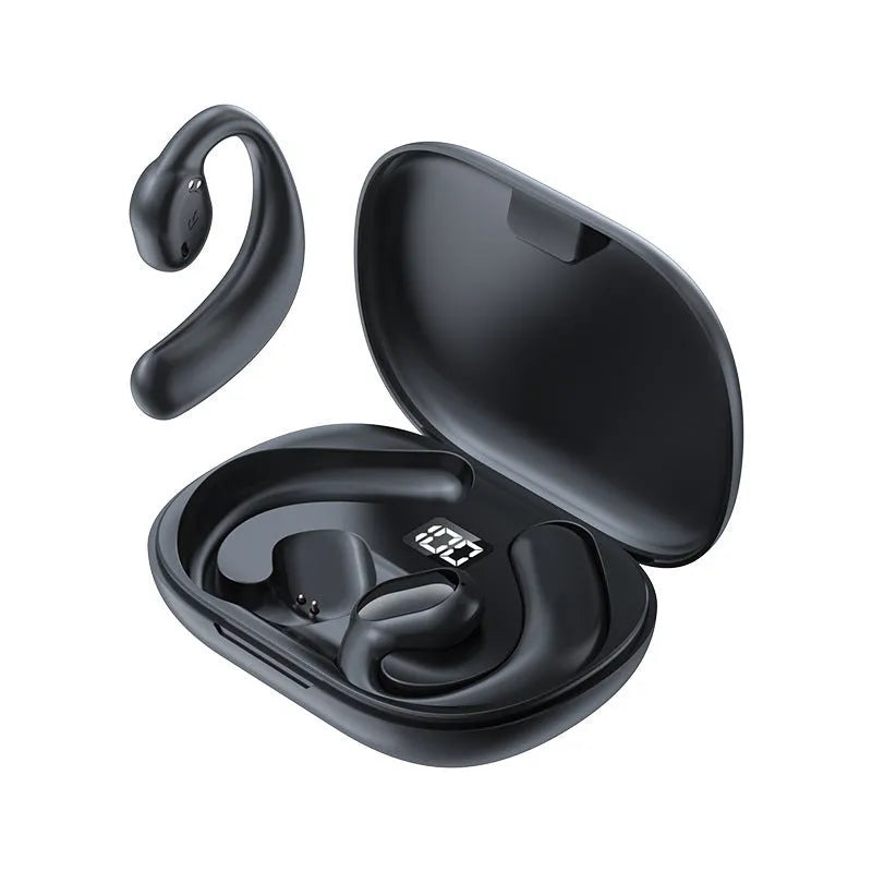 Black or white ear-mounted Bluetooth headset with digital display screen showing operational information