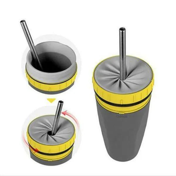 300ml green twist top lidless double wall travel cup with straw on blue background