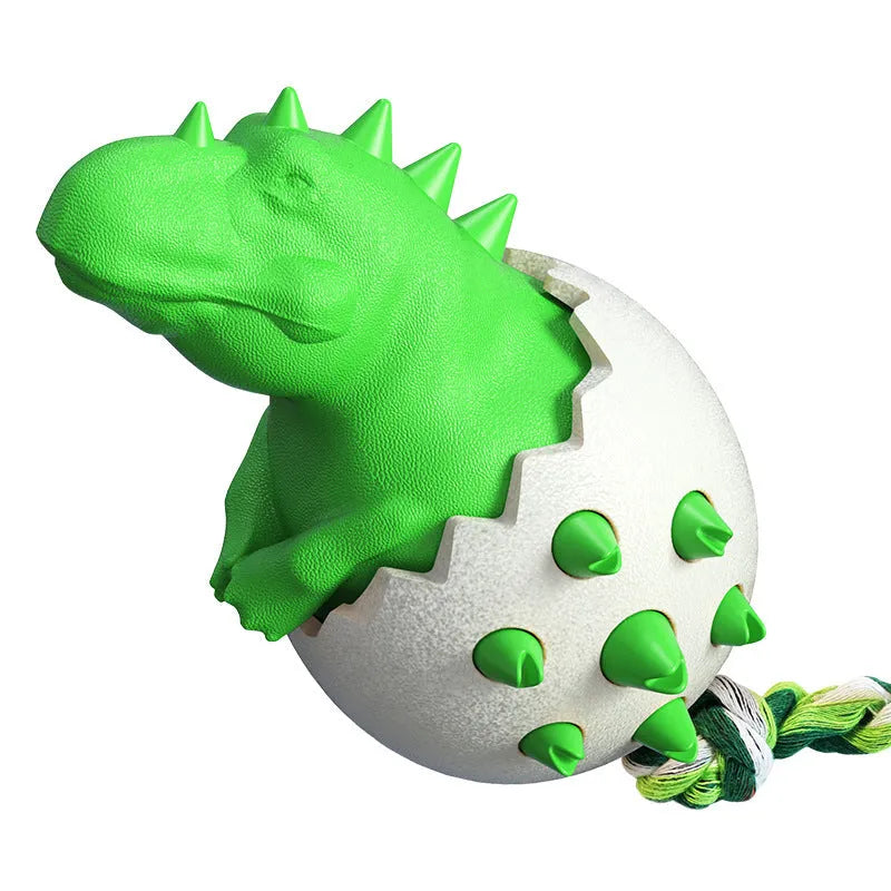Blue durable dinosaur-shaped dog chew toy with rope for aggressive chewers