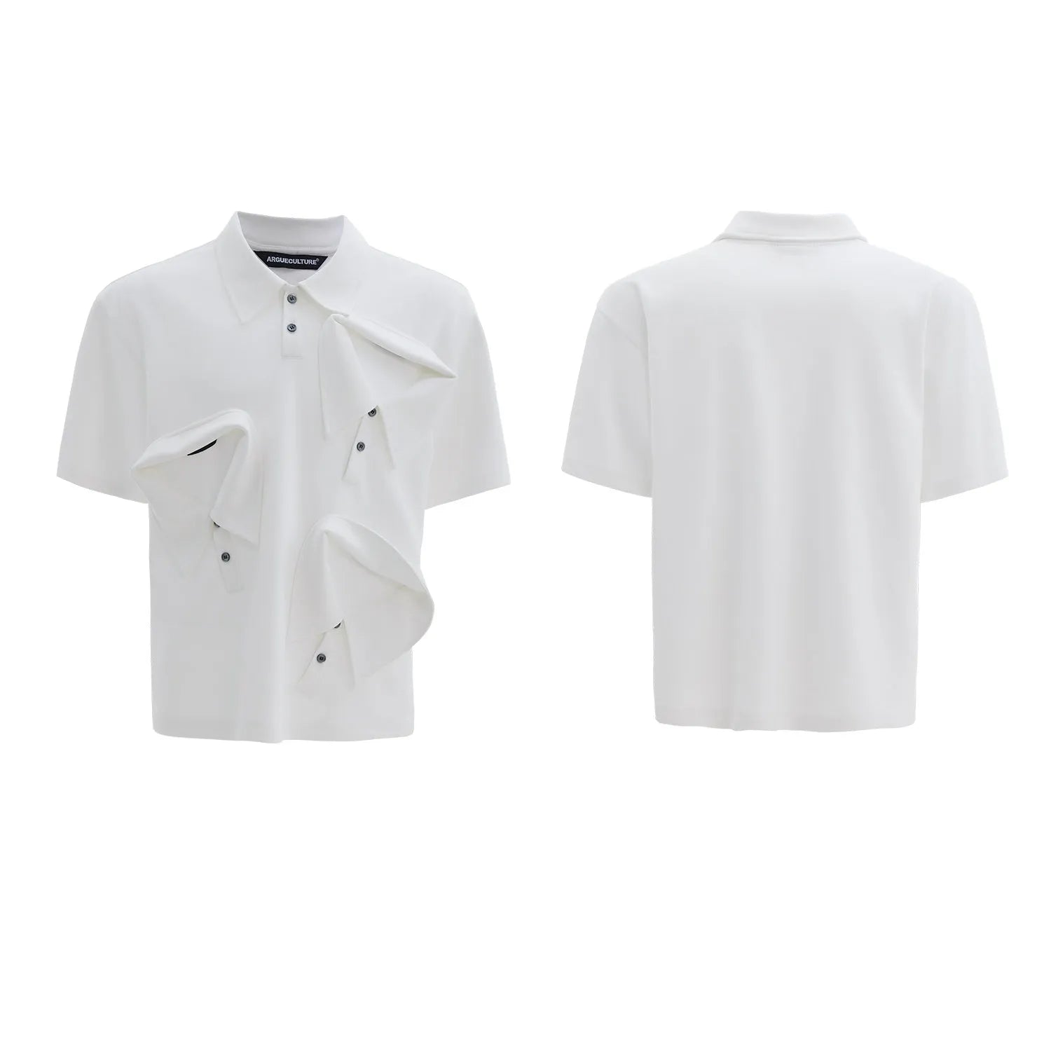 Men's deconstructed collar polo shirt with geometric pattern in polyester fabric, showing shirt collar detail and short sleeves