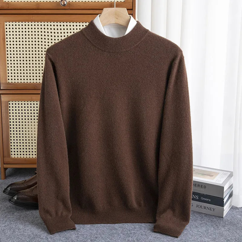 Man wearing a loose-fit half-collar wool sweater in a camel colour, suitable for winter casual wear.
