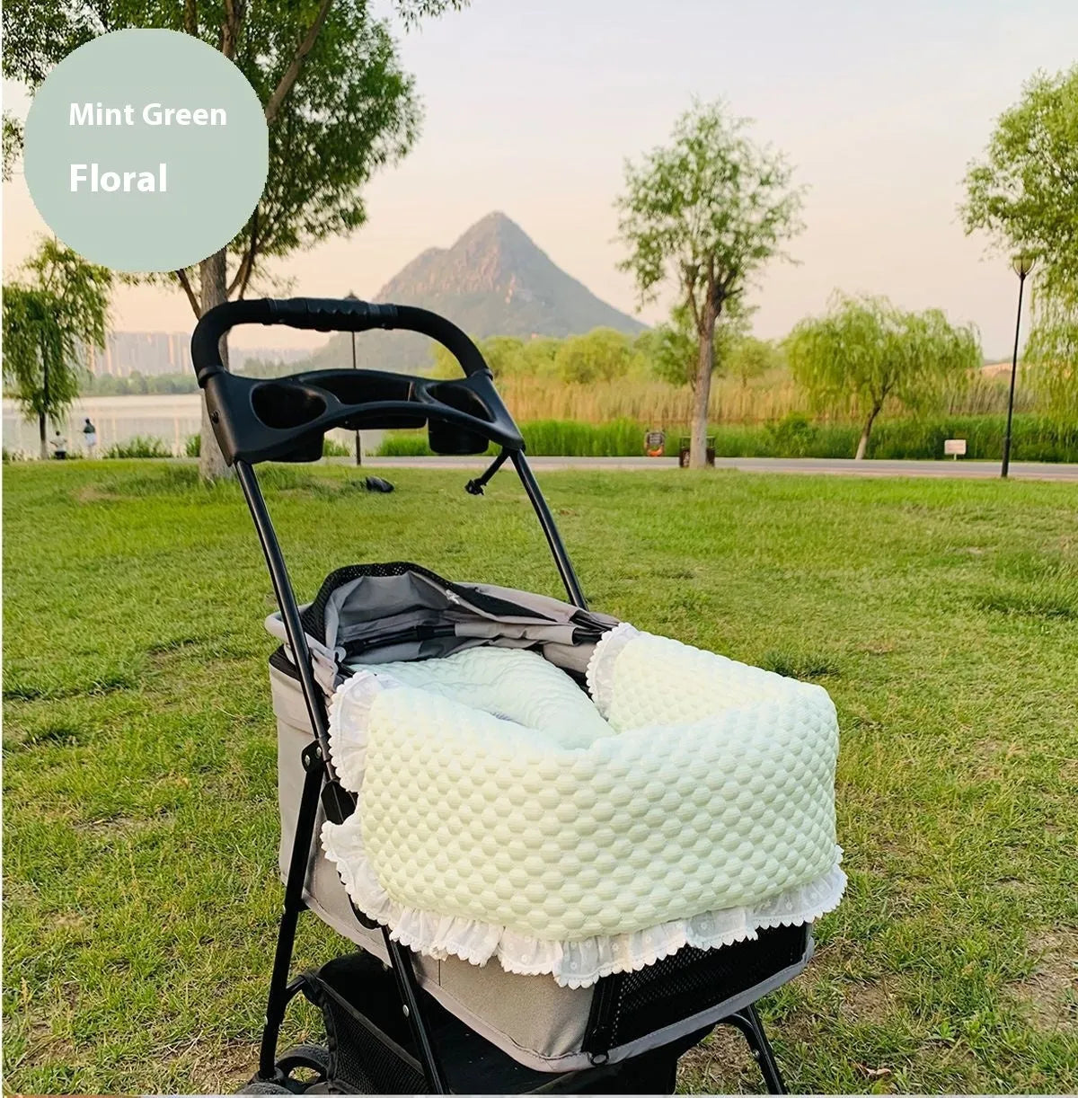 Pet stroller three-piece set showing removable towel, cushion and pillow in floral pattern