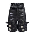 Men's black casual shorts with leather ring detail on PU leather panels