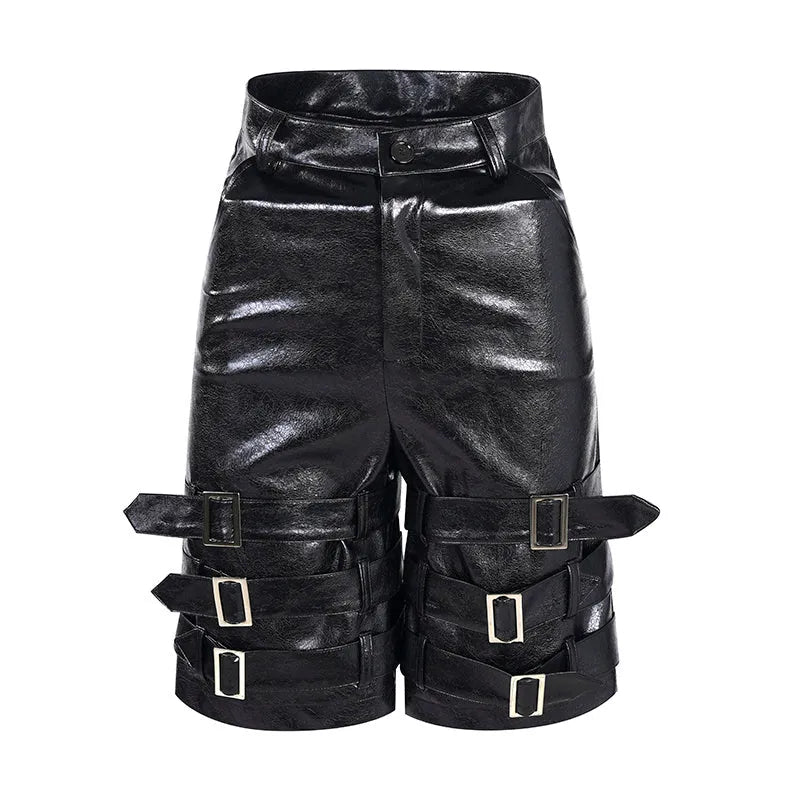 Men's black casual shorts with leather ring detail on PU leather panels