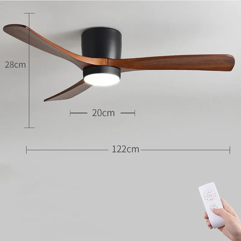 Fan pendant lamp with wooden blades and PVC shade in black, 36 inch, with remote control